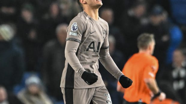 Alejo Veliz pictured celebrating after scoring his first goal for Tottenham Hotspur in a 4-2 defeat at Brighton & Hove Albion in December 2023